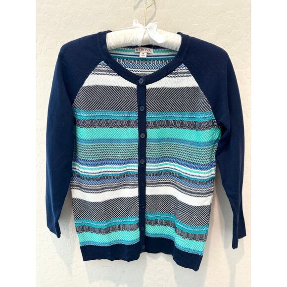 MERONA | Striped Button-Up Cardigan Cotton Navy Teal White | Medium - Picture 1 of 6
